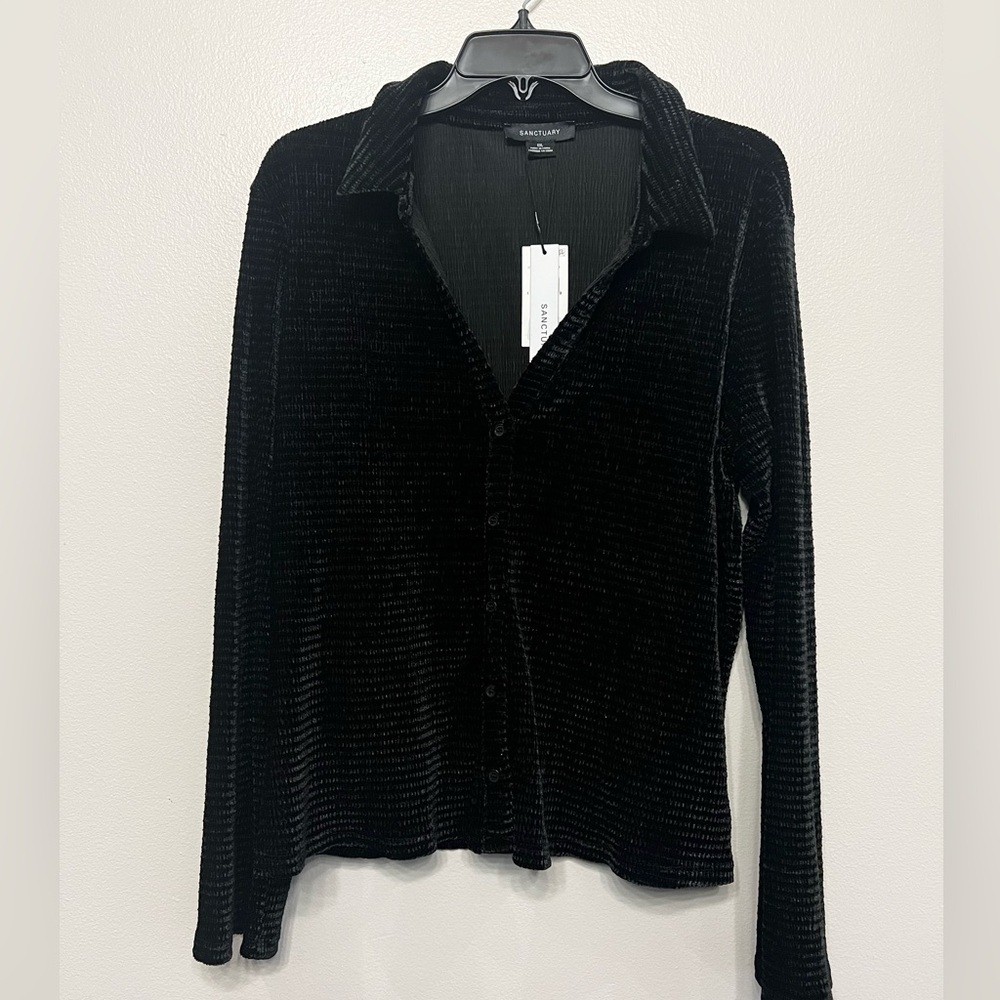 Sanctuary Black Womens Textured Velour Button-Down Shirt Size XXL NWT